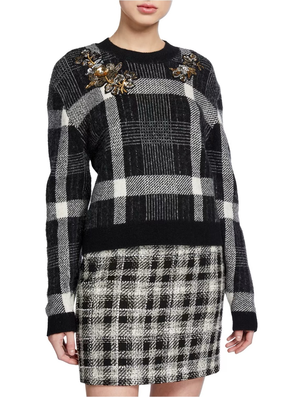 VERONICA BEARD Deana Embellished Plaid Sweater